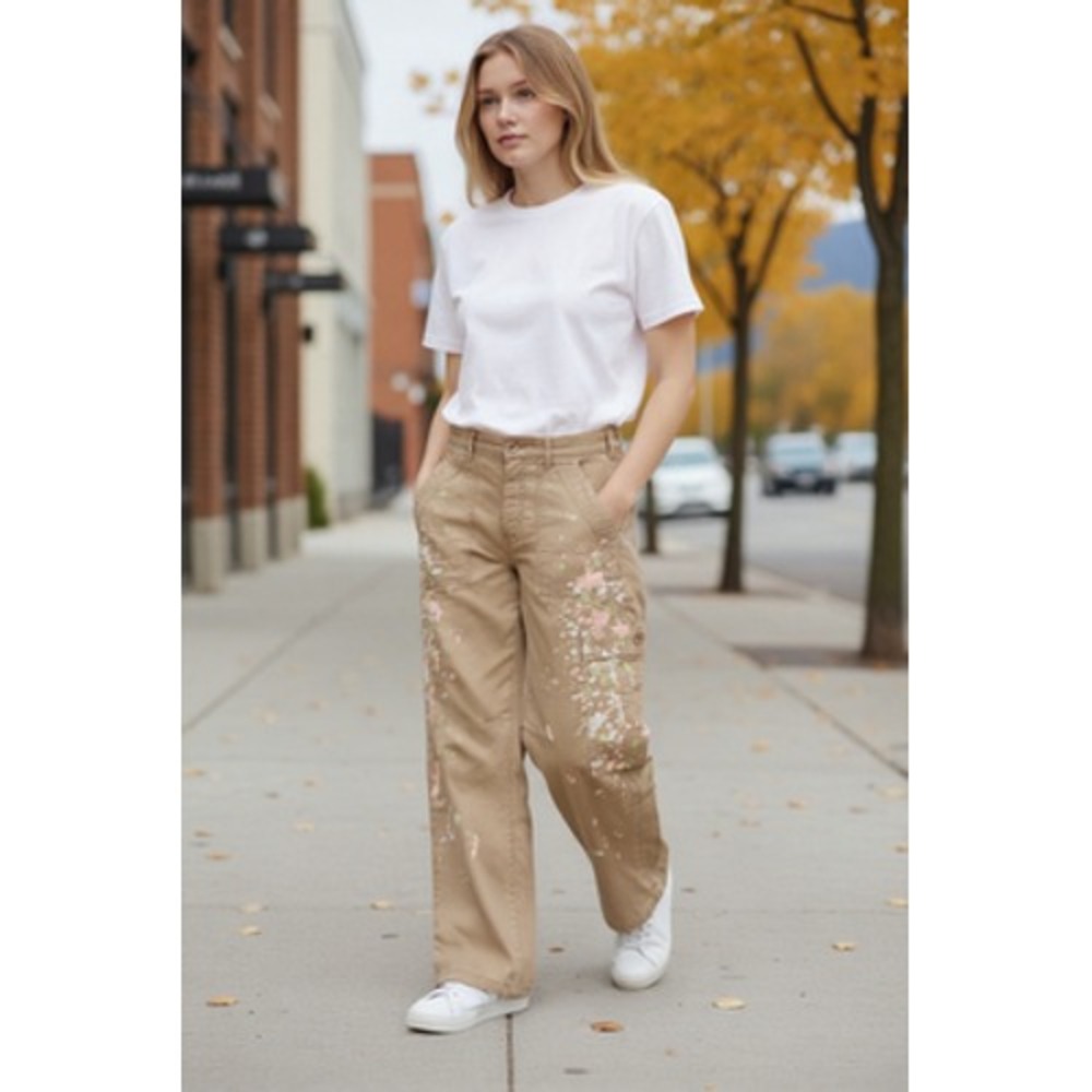Pilcro Pants Womens 29 Beige Cargo Wide Leg Millie Low Slung Barrel Paint Casual